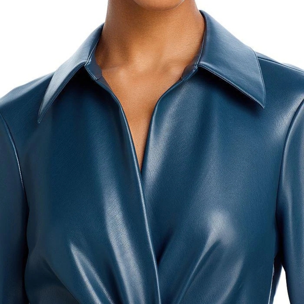 Cinq à Sept Mckenna Faux Leather Mini Dress – Blue, Size 0 | Chic Twist-Front - Picture 9 of 10